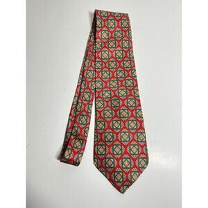 VTG Burberry Red Geometric 100% Silk Necktie Tie Made in USA by Hand